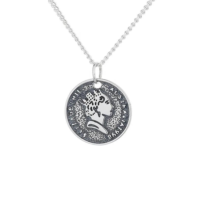 S925 sterling silver vintage coin English letters round pendant thai silver couple necklace
