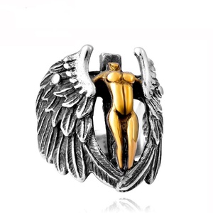 Angel <b>Ring</b> Punk Jewelry Hot Sell High Quality <b>Titanium</b> Steel Men's Headless Feather Angel Wings Cross <b>Ring</b> - Product Image 1