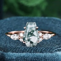 Anillo de ágata de musgo verde con corte de ataúd, anillo de compromiso único, anillo de ataúd Art Deco de Plata de Ley 925 para mujer