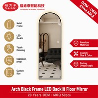 Miroir pleine longueur arqué avec éclairage LED, cadre métallique, luminosité tactile, verre HD pour hôtel, salon, maison