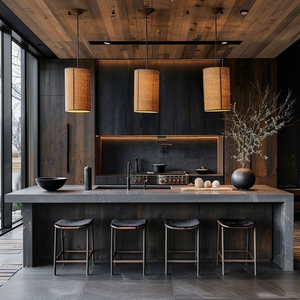 Cuisine rustique dessus en béton et armoire de cuisine en bois Style rustique moderne grand îlot central avec étagère ouverte Organique industriel - Product Image 3