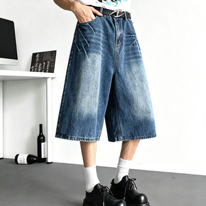 Shorts en jean vintage délavé pour homme, coupe large, style streetwear, jorts capri amples - Product Image 3