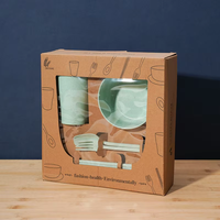 Ensemble de vaisselle pour enfants en plastique biodégradable respectueux de l'environnement avec logo personnalisé, 6 pièces, fourchette, cuillère, baguettes, assiette, bol, tasse en paille de blé