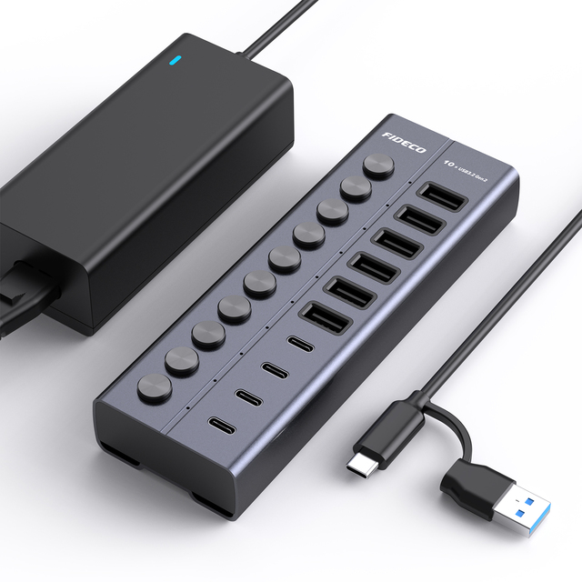 FIDECO New Launch Aluminum 10 Ports Type A/C  Hub with Adapter Charge 10Gbps with Individual Switch 10 Port Usb Hub