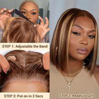 Perruques Bob Courtes en Cheveux Humains Colorés P427 en Gros, Pré-Pluckées, Sans Colle, Lace Frontale 13x4, 100% Cheveux Humains, Mèches Highlight, 14 Pouces