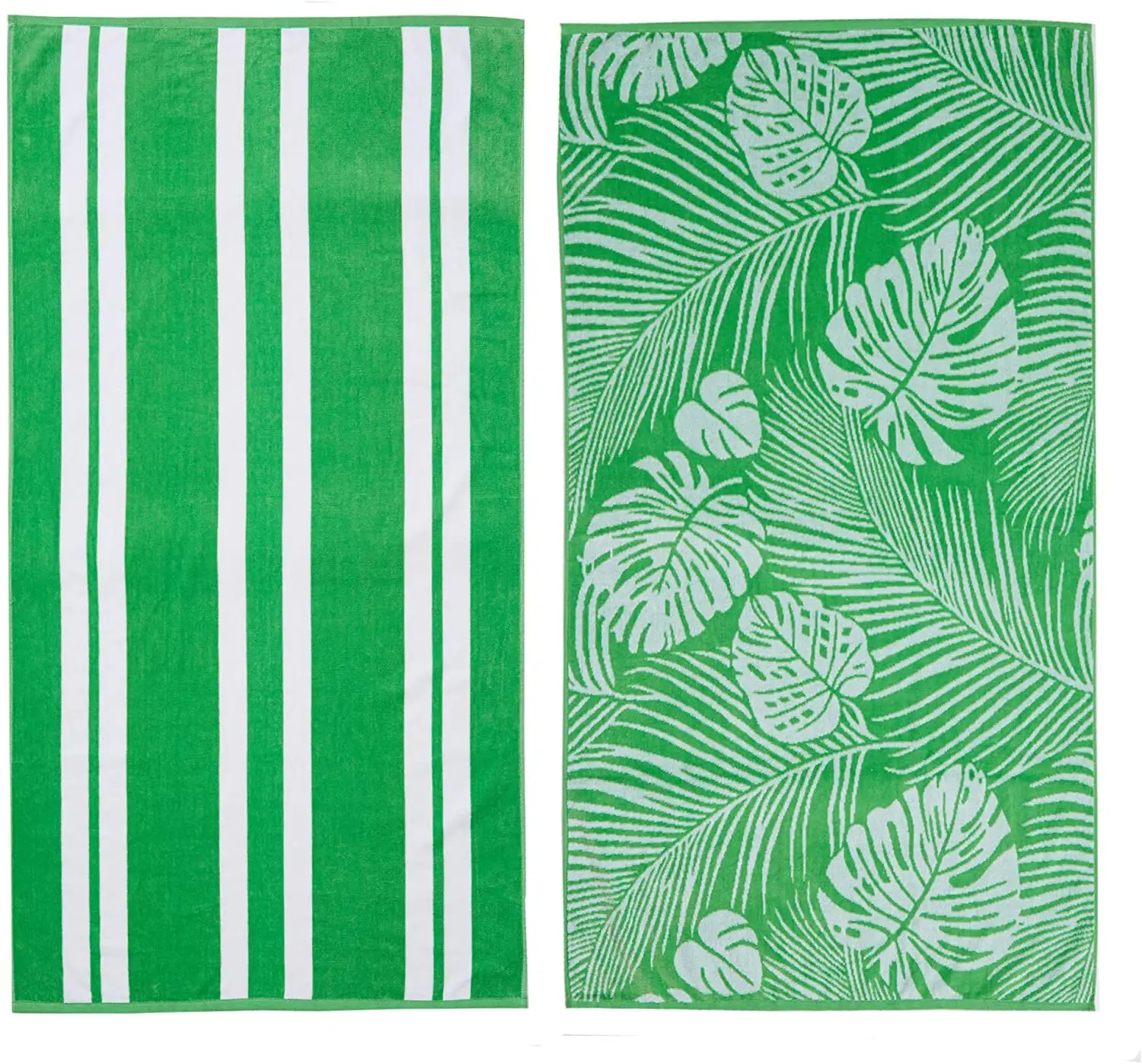 2 packed wooly Green palm and striped print beach towels. 100% cotton Marine beach towel, large pool towel /