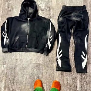 カスタム特大ヘビー級フリースヴィンテージパフプリント日焼けした刺繍パッチメンズランニングパーカーセットトラックスーツ - Product Image 4