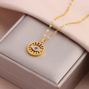 YIYUN Fashion 18K Gold Plated Stainless Steel Jewelry Black White Zircon Hollow Blue Eye Round Pendant Necklaces For Women