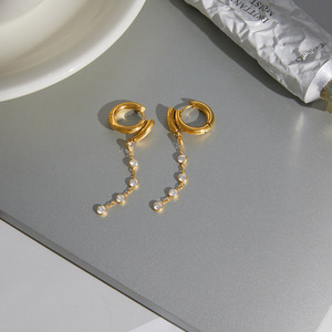 ต่างหูแบบห้อย สแตนเลสสตีล 18K ประดับเพชรทรงกลม ดีไซน์ทรงเรขาคณิต - Product Image 4