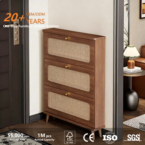 Armoire à chaussures ultra-mince <span class=keywords><strong>en</strong></span> <span class=keywords><strong>rotin</strong></span> <span class=keywords><strong>en</strong></span> bois du milieu du siècle, étagère à 3 niveaux, rangement de salon anti-poussière pour petit appartement - Product Image 3