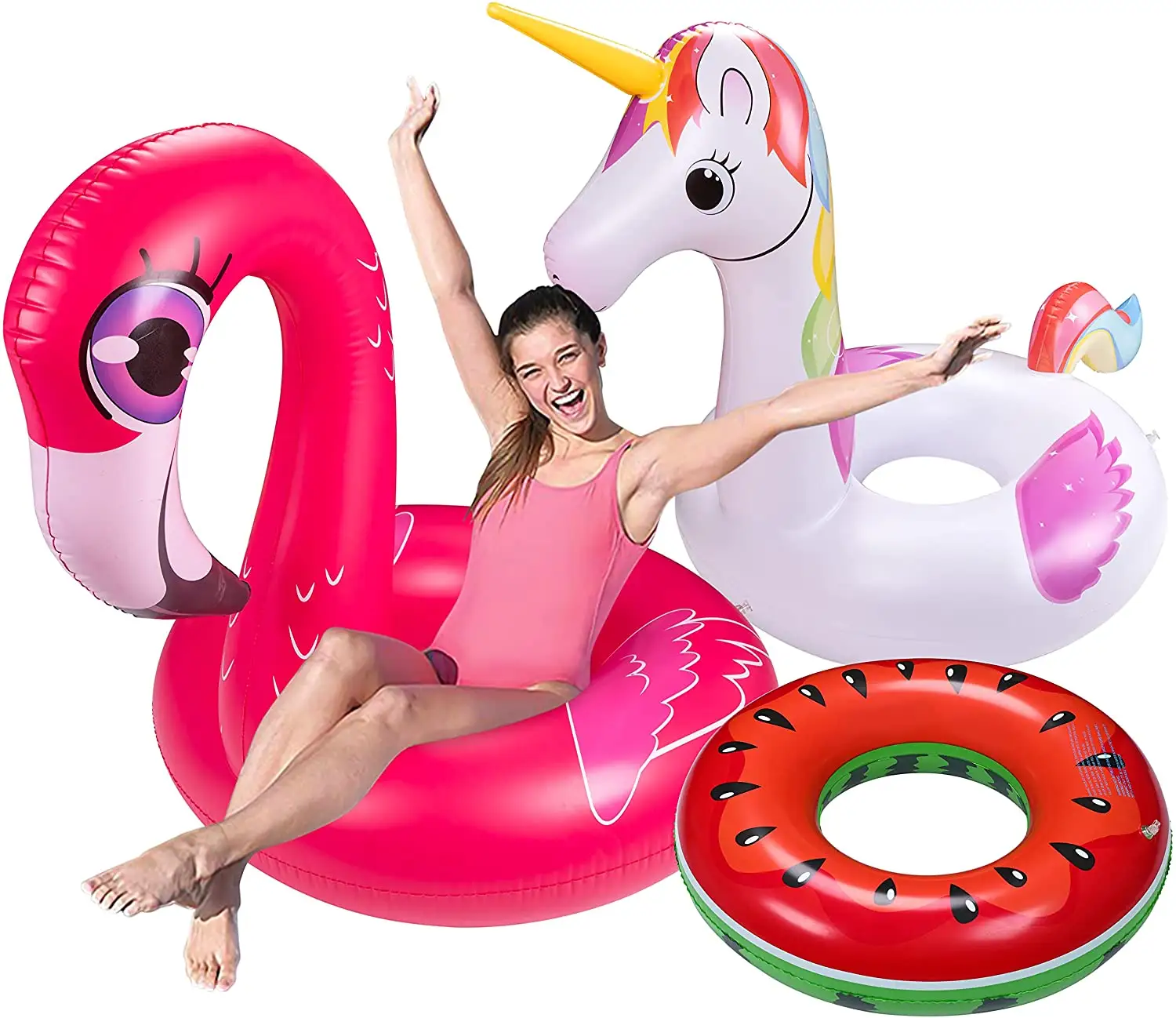 3 adet havuz yüzen yetişkin Set - Unicorn + Flamingo + karpuz şişme plaj yüzme simidi oyuncaklar yetişkinler için, çocuklar