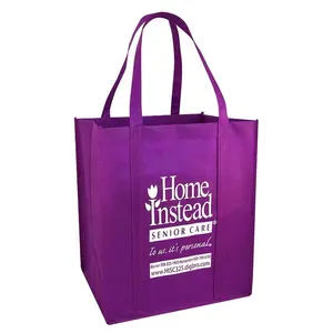 Cheap 80gsm non woven purple long handled bag with white logo