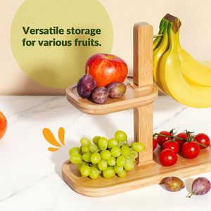 Estante de madera para frutas de 2 niveles, soporte de almacenamiento de escritorio con soporte para plátanos para exhibir en la encimera de la cocina - Product Image 3