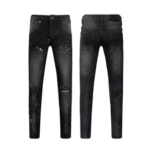 Skinny Washed Black Premium Stretch Cotton Denim Trashing Repair Patches Mid Rise Slim Fit Denim Jean con etiqueta de bolsillo trasero - Product Image 1