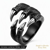 Bague griffe d'oiseau en acier inoxydable 316L, finition PVD noire, moulée par procédé à la cire perdue, à cinq griffes, style gothique, mode alternative sombre, OEM pour marques de bijoux