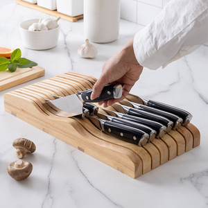 Bloc à couteaux en bois Weilin, support à couteaux horizontal, base en bois de caoutchouc, organiseur de rangement pour couteaux de cuisine, pour usage domestique - Product Image 1