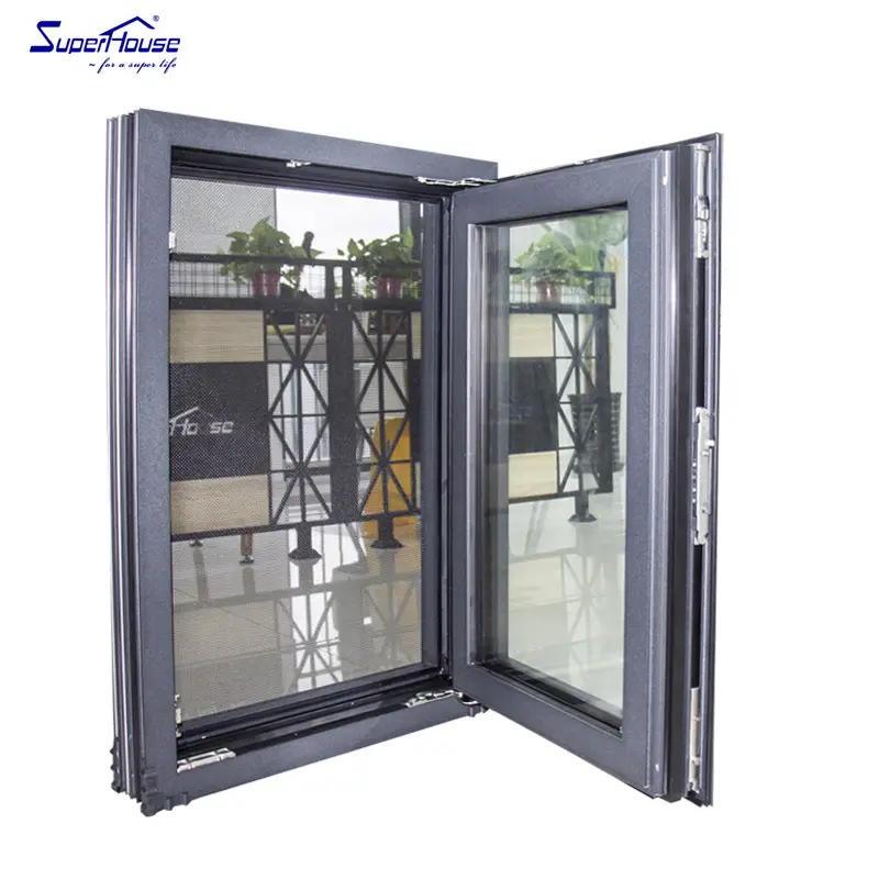 Superhosue NOA Double Swing French Casement Window Aluminum Tilt And Turn Windows Grey Aluminum Glass Casement Windows