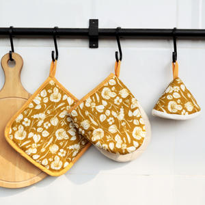 Ensemble de gants de four en coton avec couvercle de pot et set de table, motif floral, tulipes jaunes, feuilles bleues, 18 cm, pour utilisation au four - Product Image 3