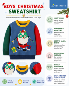<span class=keywords><strong>Sweat</strong></span>-shirt de Noël 2026 pour garçons, pull colorblock avec applique Père Noël brodée, en coton, col rond, pour enfants, OEM - Product Image 5