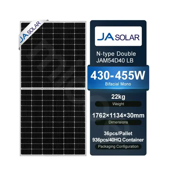 ソーラーパネル価格JAソーラーディープブルー4.0 Pro JAM54D40LBシリーズN型両面二重ガラスソーラーPVパネル430w 435w 440w 450w