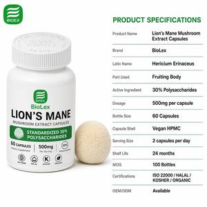 Factory GMP <strong>Lion's</strong> <strong>Mane</strong> <strong>Mushroom</strong> Extract Capsules Fruiting Body 30% Beta-Glucan Vegan Cognitive Support OEM ODM Bulk - Product Image 2