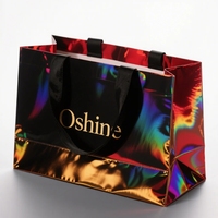 Sac Cadeau Holographique de Luxe en Papier avec Poignée en Tissu Noir, Sac Fourre-tout Personnalisé avec Logo Doré pour Cadeaux Haut de Gamme