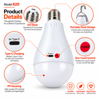 Batterie lithium rechargeable par USB, éclairage d'urgence 20W AC 85-265V 6500K, IP54 étanche, ampoule LED portable E27 pour la maison