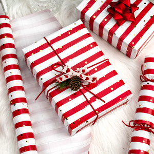 Rollo de Papel de Regalo a Rayas Rojas y Blancas con Puntos Dorados, Papel de Arte de Doble Cara para Envolver y Manualidades - Product Image 2