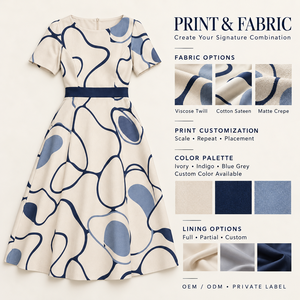 Abito Midi da Donna Personalizzato OEM con Stampa Contorno in Porcellana, Bordo Zaffiro Effetto Ciottolo Disegnato <span class=keywords><strong>a</strong></span> <span class=keywords><strong>Mano</strong></span>, Esclusiva Anteprima Espositiva, Private Label - Product Image 3