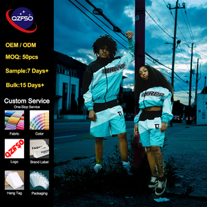 Conjunto Deportivo QZFSO Personalizado con Cuello Alto y Hombros Caídos, Sudadera y Pantalones Cortos, Bloques de Color, Unisex, Cortavientos, Traje Deportivo de Dos Piezas - Product Image 1
