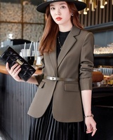 Jas Wanita Model Blazer Lengan Panjang dengan Sabuk, Jaket Kantor Wanita Warna Solid, Atasan Jas Kerah Lipat V-neck, Mantel Elegan