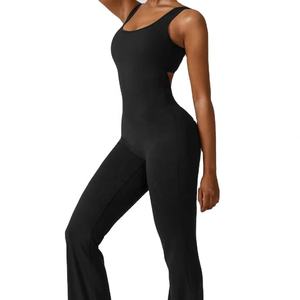 Mono de yoga de cintura alta para mujer, informal, con cuello cuadrado, sin mangas, largo - Product Image 1