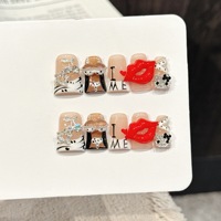 Ongles press-on acryliques peints à la main élégants, motifs 3D chat et lèvres rouges, longueur moyenne, personnalisables pour spas/salons de manucure - Vente en gros