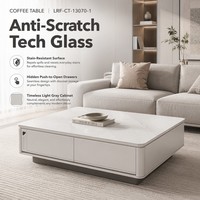 Nouvelle Arrivée Table Basse de Salon Moderne en Bois Durable avec Panneau en Verre Technologique et Tiroirs Multi-usages à Ouverture par Pression, sans Poignée, en Composite de Pierre