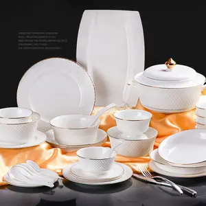זול סיטונאי לבן זהב רים בולט חדש עצם סין צלחת ארוחת ערב סט יוקרה פורצלן קרמיקה כלי אוכל סטים
