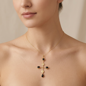 Cross Pendant Necklace Black Onyx Oval & Pear Gemstone 18k Gold Plated Brass Minimalist Religious Jewelry Necklace For Unisex - Product Image 2