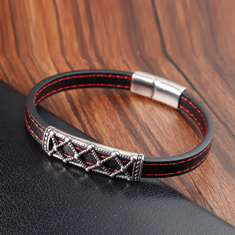 Wholesale Vintage Stainless Steel Magnetic Clasp Plain Bracelets Genuine Leather Jewelry Simple Men Bracelet With Red Thread