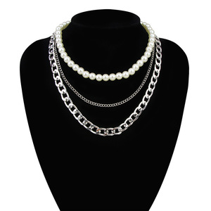 Fashion Layered Necklace Multi Chain Pearl <b>Choker</b> <b>Silver</b> Zinc Alloy Women Party Jewelry - Product Image 2