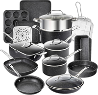 Batterie de cuisine antiadhésive professionnelle de 20 pièces avec poignées robustes en acier inoxydable et aluminium, couleurs personnalisées et vente en gros OEM