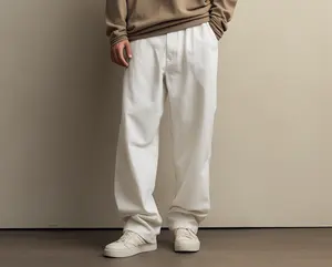 Pantalones vaqueros apilados de mezclilla blanca de algodón 100% de estilo japonés de alta moda para hombre, pantalones vaqueros acampanados sueltos Vintage para hombre