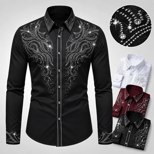 Camisas de Manga Larga con Pedrería para Hombre, Camisa de Vestir Occidental Personalizada, Diseño con Cristales Brillantes, Corte Ajustado, para Fiestas, Fabricante OEM - Product Image 1