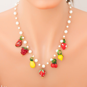 Fruit Pearl Necklace <b>Titanium</b> Steel Clavicle <b>Chain</b> With Strawberry Cherry Peach Pendant Everyday Wear Jewelry XL31429 - Product Image 1