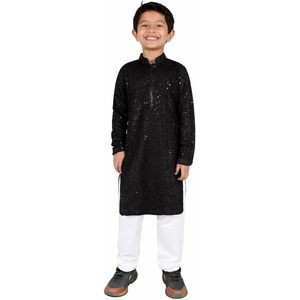 Conjunto de Kurta Triloki para Niños, Negro con Lentejuelas, Ropa Étnica de Rayón, Traje de Boda, Ropa Tradicional de India y Pakistán - Product Image 1