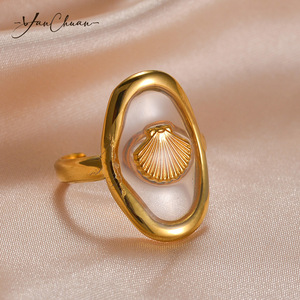 Haomi bohemio verano océano estilo inmortal flor estrella de mar Shell abierto lindo patrón transparente Acero inoxidable anillo de oro - Product Image 2