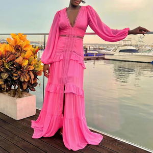 2025 primavera da donna con scollo a V a <span class=keywords><strong>maniche</strong></span> <span class=keywords><strong>lunghe</strong></span> con volant in pizzo lungo Maxi abito da festa in spiaggia abiti Sexy da strada Vestidos Sexy - Product Image 4