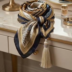 Écharpe à franges décorative carrée en soie style tapisserie, 100% rayonne, beige, bleu marine, à motifs, accessoire élégant - Product Image 1