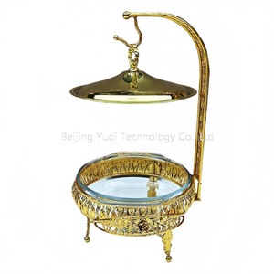 Plat <span class=keywords><strong>à</strong></span> chafing rond ornementé doré de 2 L pour événements VIP, cafés et mariages de luxe légers, chauffe-plats pour fruits et desserts - Product Image 6