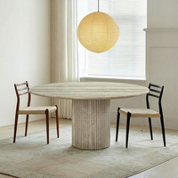 Table à manger ronde en marbre de travertin, style nordique, luxe, 6 places, en pierre frittée.
