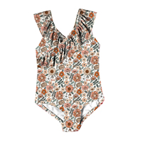 Traje de baño de una pieza con tirantes cruzados y volantes para niñas al por mayor, traje de baño de una pieza con cuello de volantes de guinga rojo certificado 50 +