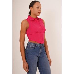 Camisa de Manga Corta Color Fucsia para Mujer con Detalle de Corsé, Blusas y Camisas al por Mayor - Product Image 1